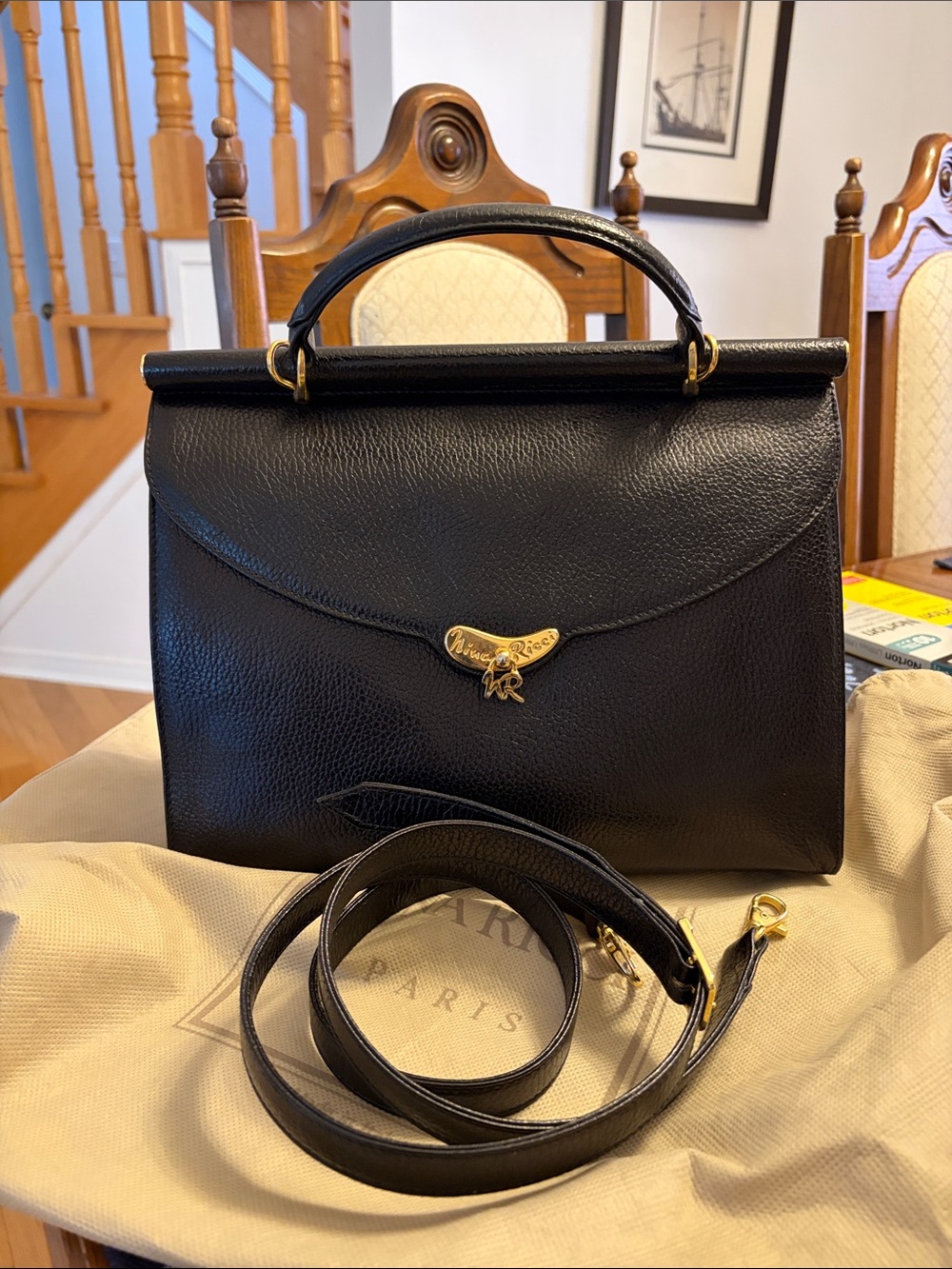 Nina Ricci Black Leather Top-Handle Satchel with Gold Hardware